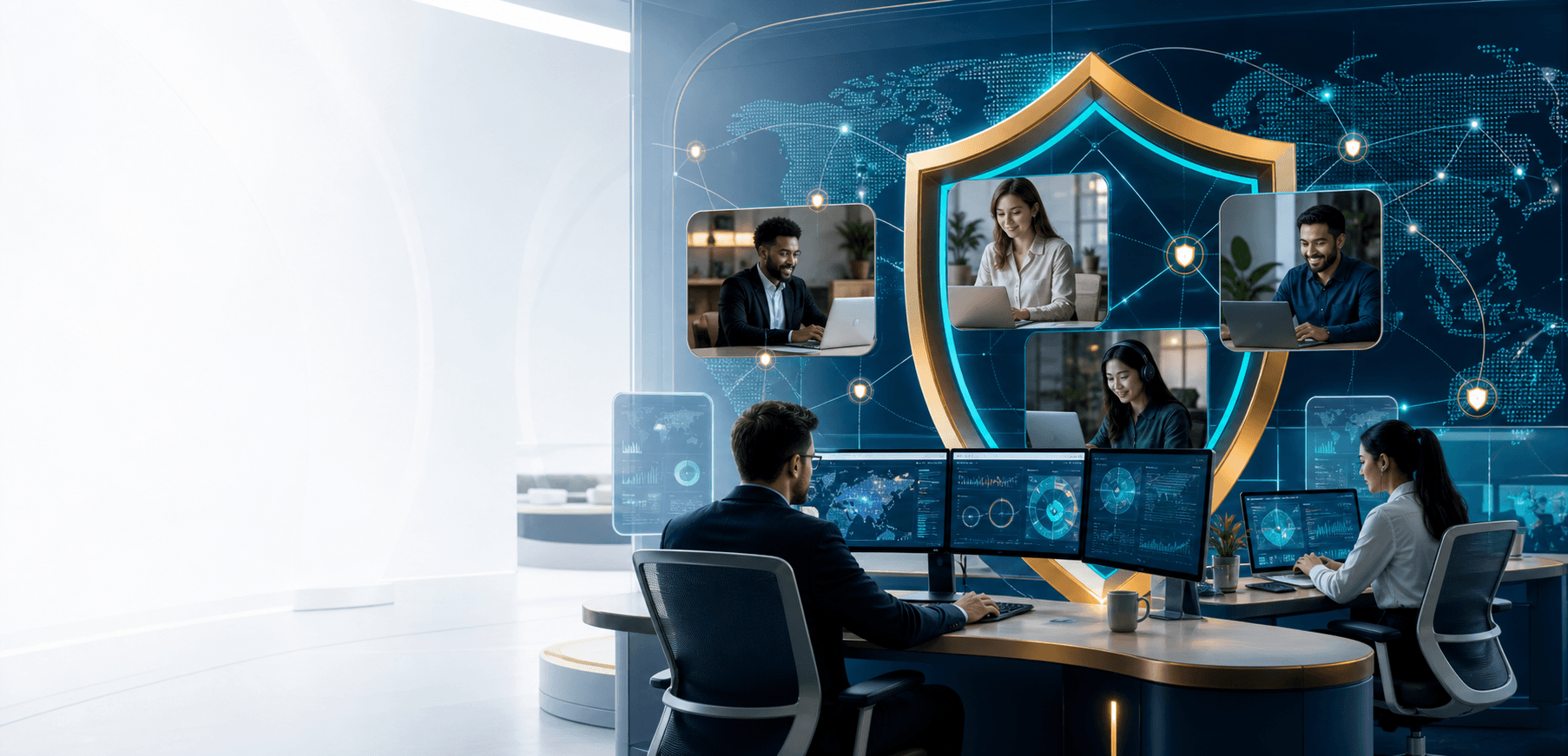 Global remote workforce dashboard with shield and professional team network